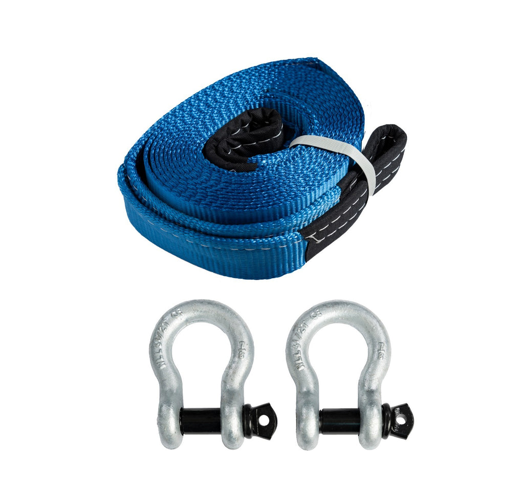 Tow Strap 20ft Snow Rescue 3x20 3" 20000 lb 9Ton +2x 7/8 Bow Shackles galv-black