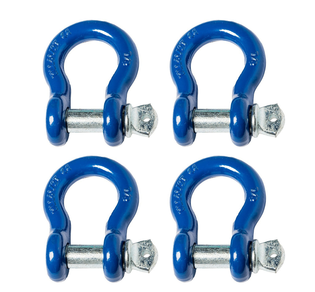 4x 7/8" Bow Shackle D-Ring BLUE w Zinc Plated Clevis Screw Pin 14000 lbs
