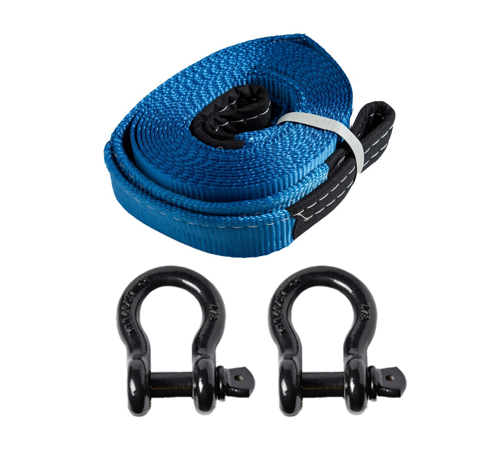 Tow Strap 20ft Snow Rescue 3x20 3" 20000 lbs 9Ton w 2x 7/8 Bow Shackles
