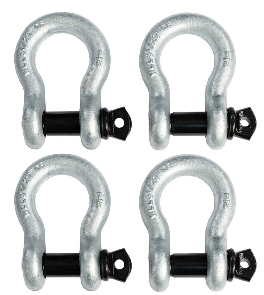 4x 7/8" Bow Shackle D-Ring Zinc Plated w Black 1" Clevis Screw Pin 14000 lbs.