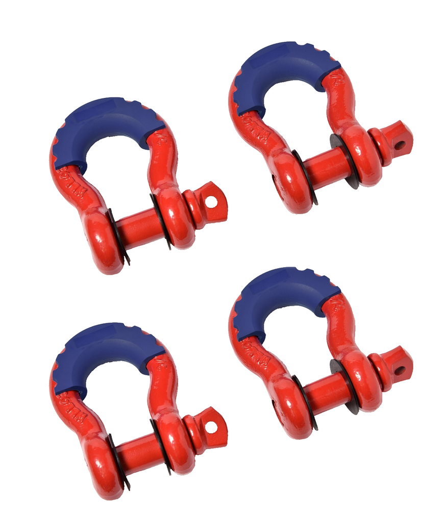 Four (4) 3/4" Red Bow Shackles 10500LB w Blue Plastic noise vibration Protector