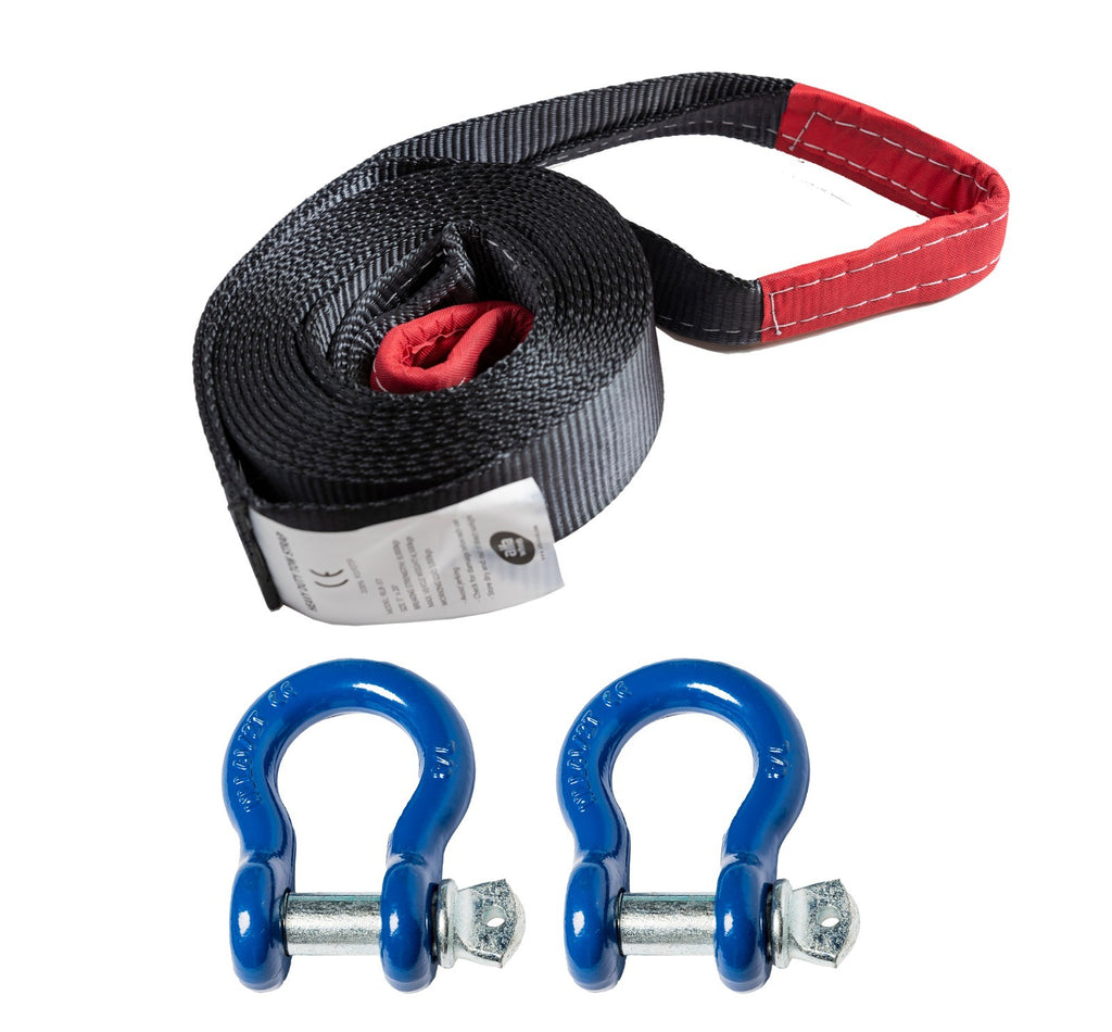 Tow Strap Black 20ft Snow Rescue 3x20 3" 20000 lbs 9Ton w 2x 7/8 Bow Shackles
