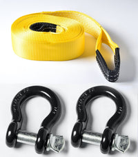3" x30 ft 20,000 lbs Tow Strap w Black-Galv Bow Shackles winch tree saver snatch