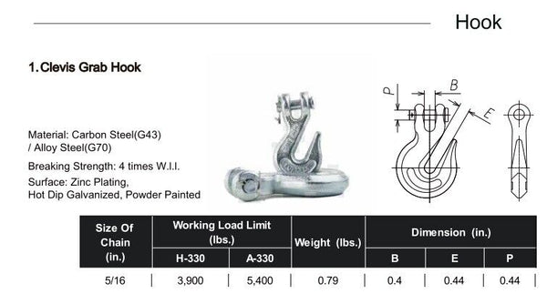 Long Shank J Hook Tow Chain 5/16″ X 10′ – G70 Steel, 4,700 Lbs WLL, RTJ Cluster & Grab Hook, Alfa Wheels