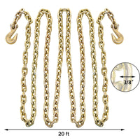 20ft Transport Tow Chain 3/8" G70 Tie Down Binder G7 w 2x Grade 70 Hooks Rigging