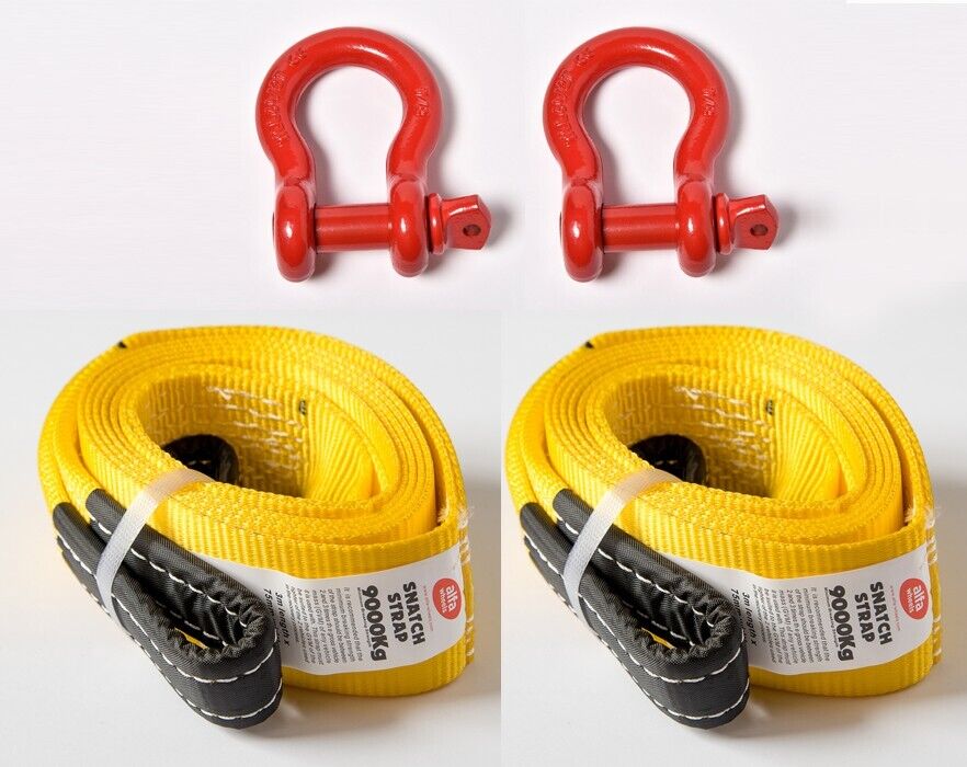 2x Tow Straps+Bow Shackles Winch Rig 3" 9Ton 3x10 ft Red Pin Tree Saver Recovery