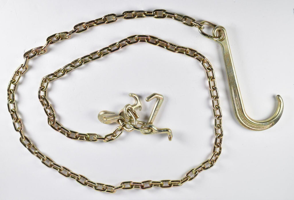 Long Shank J Hook Tow Chain 5/16" x 10' w RTJ Cluster & Grab Hook 4700 lbs WLL